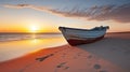 A Majestic Boat Gracefully Resting on the Pristine Sandy Beach, Bathed in the Warm Hues of a Mesmerizing Sunset. Generative AI