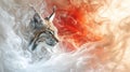A majestic bobcat gracefully moves through swirling smoke, its wild eyes piercing in the mist