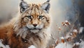 Majestic bobcat sitting in snow, looking at camera generated by AI