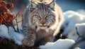 Majestic bobcat sitting in snow, looking dangerous generated by AI