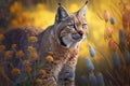 majestic bobcat walking through field of wildflowers