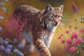 majestic bobcat walking through field of wildflowers