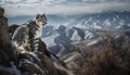 Majestic bobcat walking on mountain peak, fur blending with landscape generated by AI