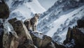 Majestic bobcat walking in snow covered mountain range, watching high up generated by AI