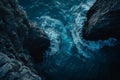 Majestic Body of Water Sparkling Near Rocky Cliff, Sweeping overhead view of a silent sea and rocky shoreline at dusk, AI