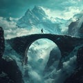 A majestic bridge over clouds and mountains, serene and mystical Royalty Free Stock Photo