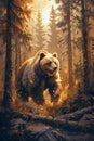 Majestic Brown Bear Roaming Through an Enchanted Autumn Forest at Sunrise with Golden Light Filtering Through Trees