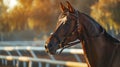 Majestic Brown Horse Ready for a Race at Golden Hour on the Racecourse