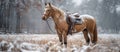Majestic Brown Horse Standing in Snow-Covered Field Royalty Free Stock Photo