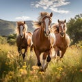 Majestic Brown Horses Galloping Through Vibrant Green Field Royalty Free Stock Photo