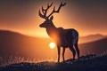 majestic buck, with head turned and ears pricked, staring at the sun rising over the horizon