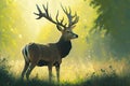 majestic buck standing in field of yellow and green, basking in the warm rays