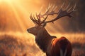 majestic buck stands with his head turned to the sun, sunlight illuminating his antlers