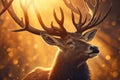 majestic buck with the warm rays of the sun shining through his antlers