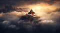 Majestic buddhist temple nestled in misty mountain surroundings at dawn exudes serenity