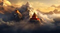 Majestic buddhist temple nestled in misty mountain surroundings at dawn exudes serenity