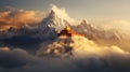 Majestic buddhist temple nestled in misty mountain surroundings at dawn exudes serenity