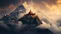 Majestic buddhist temple nestled in misty mountain surroundings at dawn exudes serenity