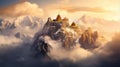 Majestic buddhist temple nestled in misty mountain surroundings at dawn exudes serenity