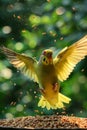 Majestic Budgerigar in Flight with Sunlight Behind, Vibrant Feathers and Flapping Wings, Seeds Scattering in Air