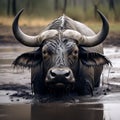 A majestic buffalo bull (Syncerus caffer) captured in a close-up, showcasing its powerful head and horns covered in mud