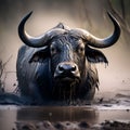 A majestic buffalo bull (Syncerus caffer) captured in a close-up, showcasing its powerful head and horns covered in mud