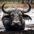 A majestic buffalo bull (Syncerus caffer) captured in a close-up, showcasing its powerful head and horns covered in mud