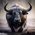 A majestic buffalo bull (Syncerus caffer) captured in a close-up, showcasing its powerful head and horns covered in mud