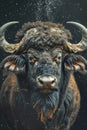 Majestic Buffalo Portrait with Cosmic Background, Mysterious Animal with Horns Encrusted with Stardust