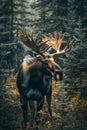 Majestic Bull Moose with Large Antlers Standing in Misty Autumn Forest, Wildlife Scene with Moody Atmosphere Royalty Free Stock Photo