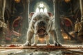 Majestic Bulldog Standing Aggressively Inside a Grand Cathedral With Sunlight Streaming Through Windows