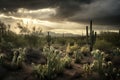 majestic cactus forest, with dramatic sky and clouds in the background