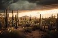 majestic cactus forest, with dramatic sky and clouds in the background