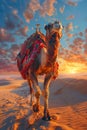 Majestic Camel Standing on Sand Dunes at Sunset with Vibrant Sky Traditional Desert Travel, Exotic Journey Concept Royalty Free Stock Photo