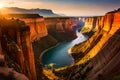 A majestic canyon carved by a winding river, its walls glowing with warm, earthy tones