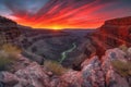 majestic canyon with fiery sunset, surrounded by a landscape of rugged beauty