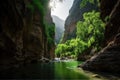 majestic canyon, with waterfalls and lush greenery, in the heart of nature