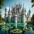 Majestic Castle Amidst Lily Pad Oasis: Water Moat Serenity
