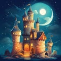 a castle is lit up at night with a full moon in the background Royalty Free Stock Photo