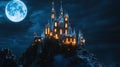 Majestic castle illuminated at night under a full moon Royalty Free Stock Photo