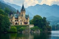 A majestic castle sits atop a serene lake, with towering mountains encircling the breathtaking landscape, Majestic castle hosting