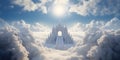 Majestic castle in the sky, surrounded by billowing white clouds. AI-generated. Royalty Free Stock Photo