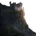 Medieval castle on a fantasy mist mountain landscape. Stone towers. Castle walls. Isolated transparent PNG background.