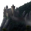 Concept art of a misty medieval fantasy fort castle with towers on a mountain cliff. Isolated transparent PNG background.