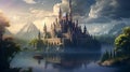 A majestic castle surrounded by a shimmering moat, the turrets and towers softened against a backdrop of sprawling, blurred
