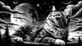 Majestic Cat Lounging Under Moonlit Night Sky