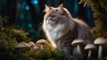 Majestic Fluffy Cat Observing Mushrooms in Enchanted Forest Twilight Mood Royalty Free Stock Photo