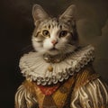 Majestic Cat in Ornate Elizabethan Ruff and Garb, Elegant tabby cat adorned with a detailed Elizabethan ruff