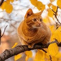 Majestic cat perched gracefully on a tree branch with an intense gaze into the distant landscape below Royalty Free Stock Photo