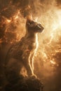 Majestic Cat Posed Regally on a Stump With Dramatic Golden Light and Ethereal Smoke, Feline Elegance and Mystery Concept